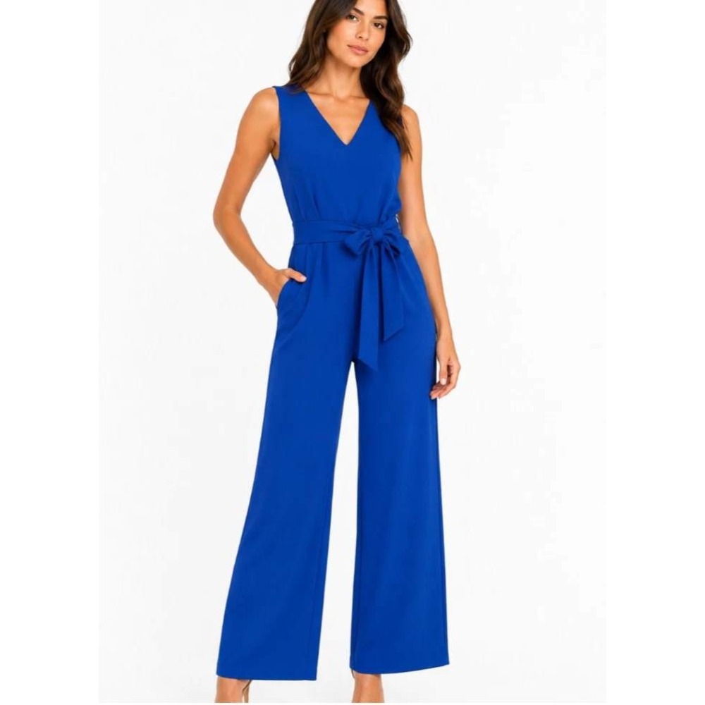 Calvin Klein Womens Royal Blue V-Neck Wide Leg Belted Jumpsuit CD3C1S25 Size 14